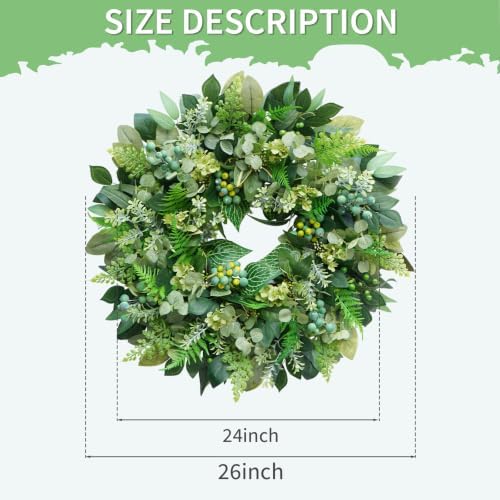 26 Inch Green Wreath for Front Door - Artificial Greenery Wreath with Berries, Indoor Outdoor All Season Year Eucalyptus Wreath for Farmhouse Home Decor, Spring Summer Fall Winter - Image 4