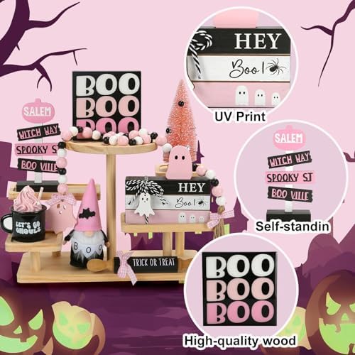 Pink Halloween Decorations 8PCS Tiered Tray Decor for Home Office - Image 3