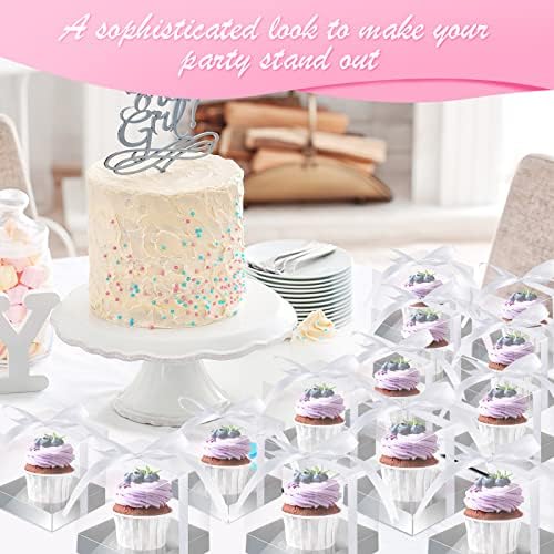 Gerrii 100 Pcs Clear Plastic Individual Cupcake Boxes 3.5" Single Cupcake Containers Transparent Ornament Gift Box with Inserts and Ribbon for Wedding Baby Shower Party Favor (Silver) - Image 5