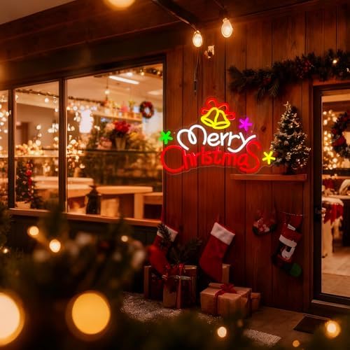 Merry Christmas Neon Sign Dimmable Christmas Bells Neon Light Sign Xmas LED Neon Light up Sign for Party, Home, Shop Door, Window, Bar, Holiday, Festival Wall Decor Gift USB Powered - Image 4