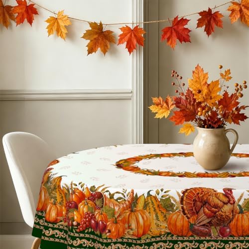 Oval Fall Tablecloth 60x120 Inch, Thanksgiving Autumn Harves Turkey Pumpkin Table Cloth, Waterproof Wrinkle Resistant Table Cover for Fall Decorations Decor - Image 2