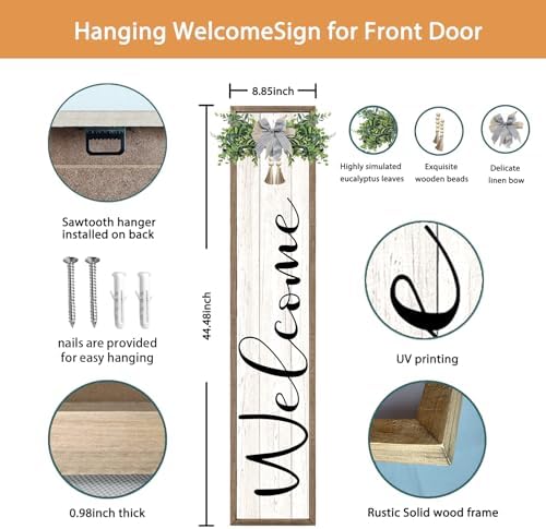 Welcome Sign for Front Porch Standing 45"X9" Large Outdoor Decor Rustic Vertical Leaner Wood Frame Porch Tall Welcome Signs for Farmhouse Outside Front Door Decorations (Wood White) - Image 2