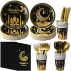 Ramadan Party Supplies Decorations for Home Serve 50, Eid Mubarak Ramadan Black and Gold Plates and Napkins Set, Disposable Paper Plates Napkins Cups Knives Spoons Forks for Ramadan Party Decorations by Zachely