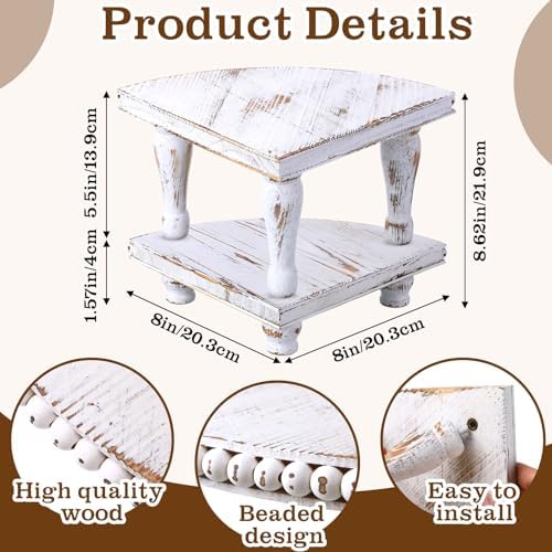 Kigley 2 Tiered Corner Riser for Kitchen Counter Wood Beaded Corner Shelf White Wash Countertop Bathroom Counter Organizer Rustic Decorative Pedestal Stand with Removable Feet for Kitchen Coffee Bar - Image 2