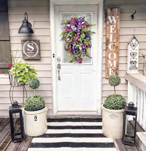 Purple Floral Hanging Wreath - Inch Lavender Tulip Hyacinth Eucalyptus Door Decor for Spring Summer, Wedding Arch Garden Porch Decoration - Image 4