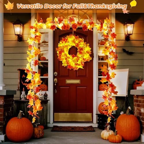 Fall Garland with Lights Battery Operated,10FT 50 Orange Bulbs Lighted Fall Leaves Garland,Fall Decorations for Home Thanksgiving,Mantel,Fireplace,Porch,Halloween,Table Decor Indoor Outdoor(1 Pack) - Image 5