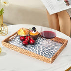 Rectangle Rattan Tray with Mother of Pearl Inlay, Rattan Serving Tray with Handle for Coffee, Bread, Fruits, Snacks, Decorative Wicker Tray for Table Decor (Rectangle Light Blue Leaf, 13"×9") - Image 5