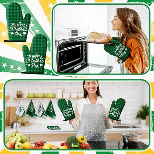 VitalCozy 10 Pcs St. Patrick's Day Kitchen Decor Set Shamrock Kitchen Towel and Rugs Oven Mitts Pot Holders for Home Cooking Baking Decorations - Image 4