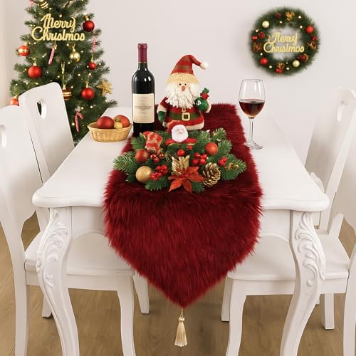 Christmas Table Runner with Tassels, Wine Red Fluffy Faux Fur Xmas Dresser Table Runners for Home Dinning Table Decor ,11.8x70.7 inch - Image 5
