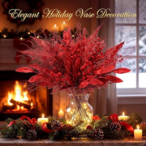 66 Pcs Red Christmas Glitter Picks and Sprays - Image 5