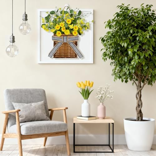 Spring Hanger Basket Wreath for Front Door 15" Yellow Daisy Basket Artificial Green Eucalyptus Leaves with Lavender Summer Wreaths Baskets for Indoor Farmhouse Porch Entryway Wall Home Decor - Image 4