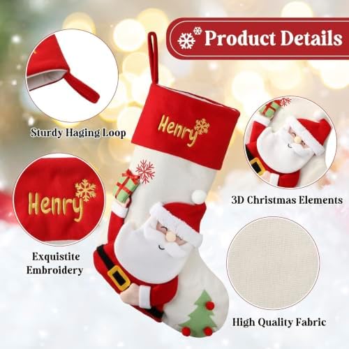 Personalized Christmas Stockings with Embroidered Name & Monogram,Custom 3D Xmas Character Stocking 5 Pack 18” Large,Santa,Snowman & Reindeer Fireplace Hanging Burlap Plaid Stockings(A) - Image 6