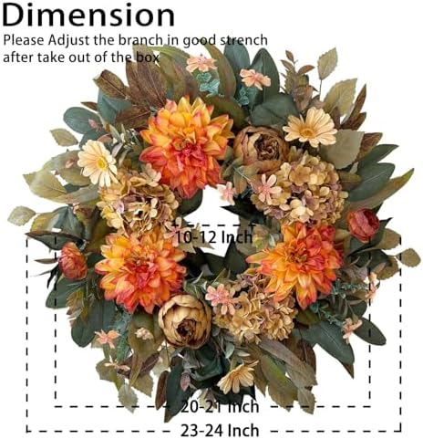 WANNA-CUL 24in Fall Front Door Wreath Dahlia Hydrangea Peony Table Decor - Image 4