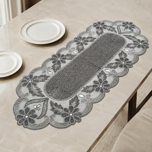 Handmade Beaded Table Runner 13 x 36 Inch, Grey Milky Floral Design, Decorative Dining Table Accent - Image 6