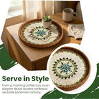 Boho Handwoven Rattan Tray with Mother of Pearl Inlay, 35 and 30cm Round Decorative Trays, Wooden Base Serving Tray Coffee Table & Wall Hanging Decor (2 Suites, Pattern:GreenSun) - Image 5