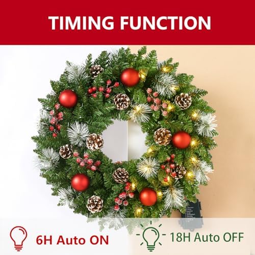 24 Inch Pre-Lit Artificial Christmas Wreath for Front Door, Christmas Door Decorations Wreath with LED Warm Lights, Balls, Pine Needles, and Red Berries Wall Windows Ornament - Image 4
