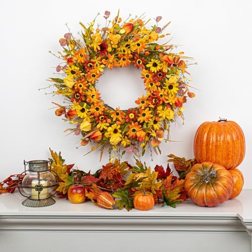JINGHONG Fall Wreaths for Front Door 22 Inch Artificial Fall Wreath Floral Autumn Wreath with Colorful Daisies Orange Foliage for Indoor Outside Door Harvest Festival Thanksgiving Day Celebration - Image 2