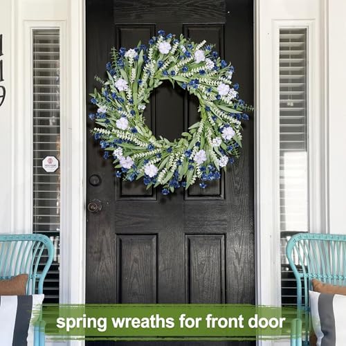 26" Floral Wreath, Artificial Spring Wreaths for Front Door, with Wildflower Portulaca Flowers, Indoor Outdoor Porch Window Wall Home Decor for Valentine’s Day Easter, Summer & Wedding Blue - Image 6