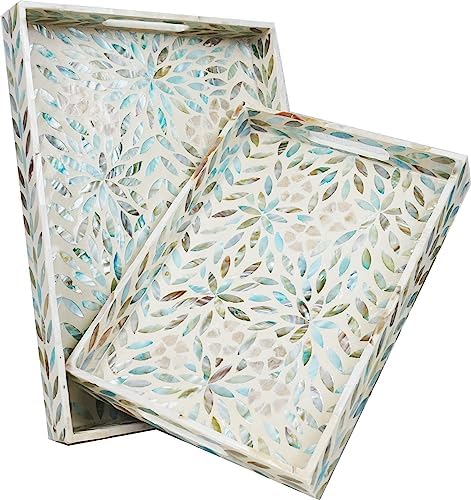 Mother of Pearl Serving Tray Set 2pcs Handmade Ottoman Decorative Trays by Unknown