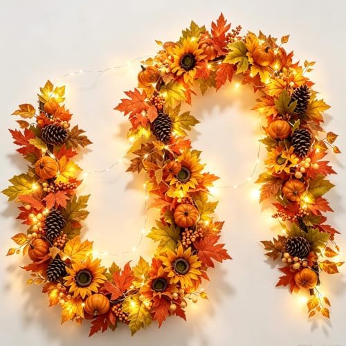 YULETIME 9 ft Pumpkin & Maple Leaf Garland, 50 Fairy Lights Battery Powered - Image 2