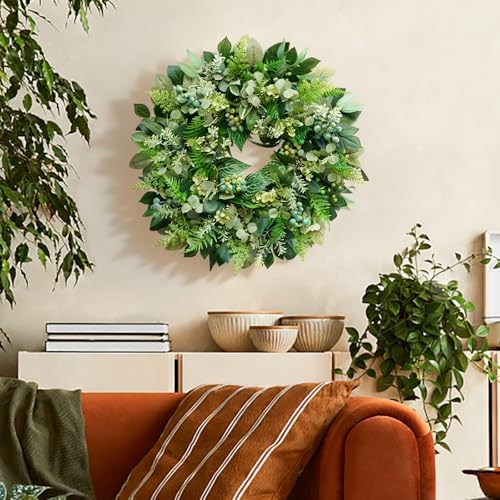 26 Inch Green Wreath for Front Door - Artificial Greenery Wreath with Berries, Indoor Outdoor All Season Year Eucalyptus Wreath for Farmhouse Home Decor, Spring Summer Fall Winter - Image 5