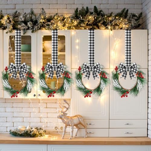 Crowye 6 Pcs Mini Christmas Wreaths Kitchen Cabinet Door, Black and White - Image 6