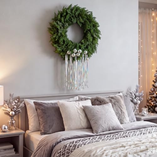 Norme 24 Inch Christmas Pine Wreath for Front Door,Silver Balls - Image 4