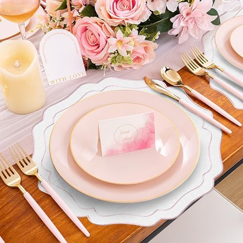 4 Sets Ribbon Twirl Cotton Linen Placemats, 15 inch Embroidery Round Cloth Table Mats with Pink Scalloped Edge Washable Fabric Place Mats Flower Shape for Wedding Baby Shower Party Table Decor - Image 3