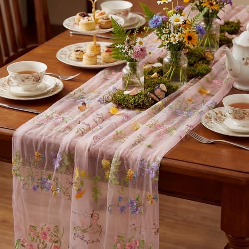 Pink Floral Table Runner 10ft Embroidery Wildflower, 10 Pcs by Windkream