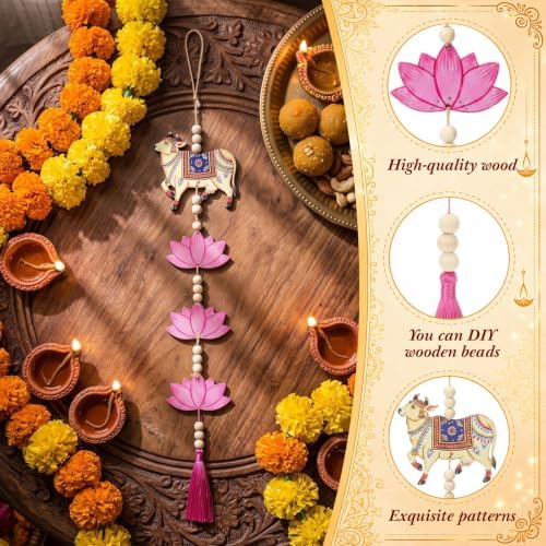 12 Pcs Indian Pichwai Style Diwali Hanging Decor, Pink Lotus with Cow - Image 3