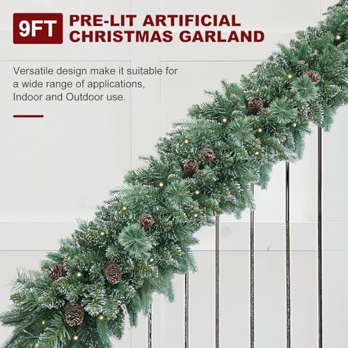 9FT Prelit Christmas Garland Decorations 50 led Snow Christmas Garland with Lights Battery Operated with Timer for Outdoor Indoor, Home Decoration Mantle Stairs Railing Fireplace Outdoor Indoor Door - Image 4
