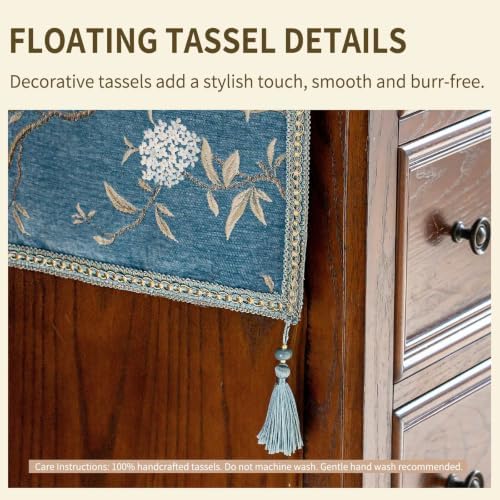 Floral Embroidered Table Runner 72" Non-Slip with Tassels, Dusty Blue - Image 5