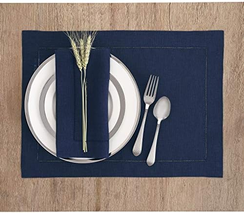 Solino Home 100% Pure Linen Placemats Navy Hemstitch, 14 x 19 in, Set of 6 - Image 2