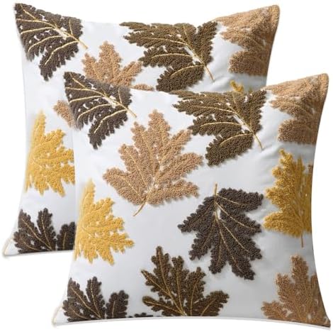 Set of 2 Embroidered Decorative Throw Pillow Covers Couch Square Pillowcases Cushion for Bedroom Sofa Farmhouse Decor 18x18 Inch (Yellow Maple Leaf) by Pilmandu
