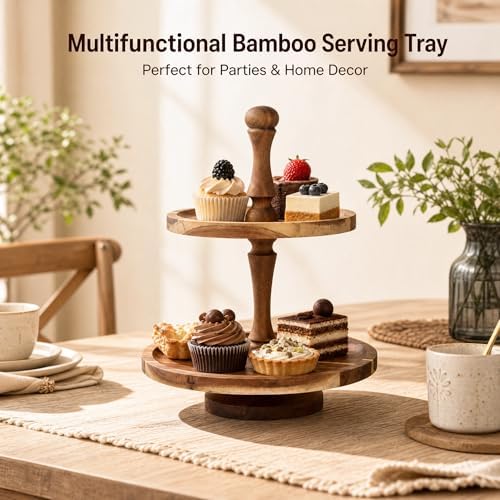 Acacia Wood 2 Tiered Serving Tray Display Stand - Image 5