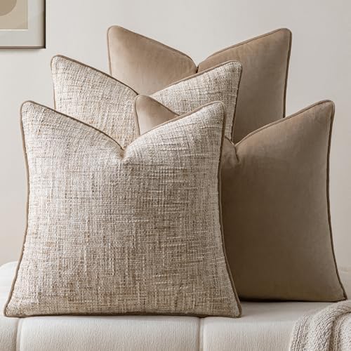 a moment Khaki 4 Pack Throw Pillow Covers - Chenille & Velvet Set with Piping, Farmhouse Textured Design Cushion Cases for Couch Sofa Bed (20x20 Inch, No Insert) by amoment