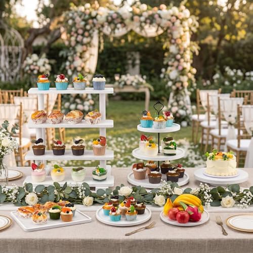 Roowest Wood Cake Stands Set of 6 Wood Dessert Tower Dessert Trays Desert Stands Cupcake Stand Rustic 3 Tier Farmhouse Cupcake Serving Stands with Dessert Trays for Tea Party(White) - Image 2