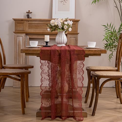 Terracotta Lace Table Runner with Floral Embroidered(3pcs 28”x118”) by Winotic