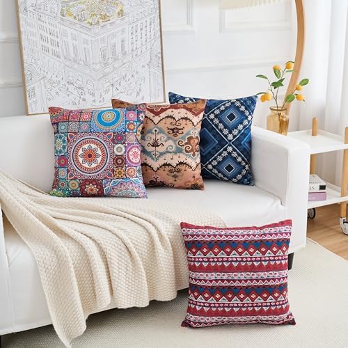 Couch Bohemian Patterned Throw Pillow Covers 20X20 Inch Set of 4 Square Farmhouse Decorative Cushion Covers Boho Vintage Pillow Cases for Sofa Living Room Bedroom Outdoor Patio Porch - Image 4