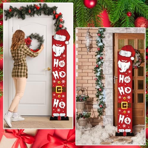 SmoothNovelty Christmas Wooden Porch Sign 47'' Merry Christmas Welcome Porch Signs for Front Door Home Xmas Tree Snowman Wooden Vertical Standing Decor for Garden Yard Party Decor(Santa Claus) - Image 5