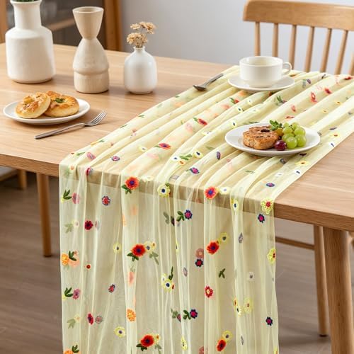 6PCS Green Floral Table Runner 10 FT, Embroidery Daisy Table Runners Seasonal Spring Summer Sheer Tulle Dining Table Decor for Home Party Birthday Decor 29x120 Inch - Image 5
