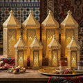 VELA LANTERNS 8ct Golden Tower Temple Moroccan Lantern Lamp Decorative Candle Holders for Ramadan Decorations, Hanging, Outdoor Patio or Porch, Indoor Home Decor, Gold, 4-11" Small, 4-15" Large by VelaCandleLanterns