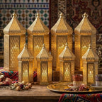 VELA LANTERNS 8ct Golden Tower Temple Moroccan Lantern Lamp Decorative Candle Holders for Ramadan Decorations, Hanging, Outdoor Patio or Porch, Indoor Home Decor, Gold, 4-11" Small, 4-15" Large by VelaCandleLanterns