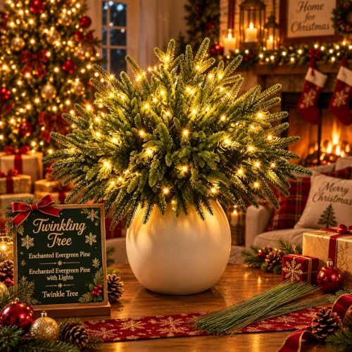 2027 New 10/12 Piece Set Twinkling Tree, Enchanted Evergreen Pine with Lights, Christmas Winter Tabletop Decorations for Mantel, Vase, Shelf & Holiday Home Décor (10) by Unknown