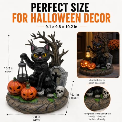 Solar Halloween Black Cat Figurine Light, Lighted Resin Cat Statue with Lantern and Pumpkin, Outdoor Garden Decor for Porch, Yard and Patio, Seasonal Landscape Decoration - Image 4