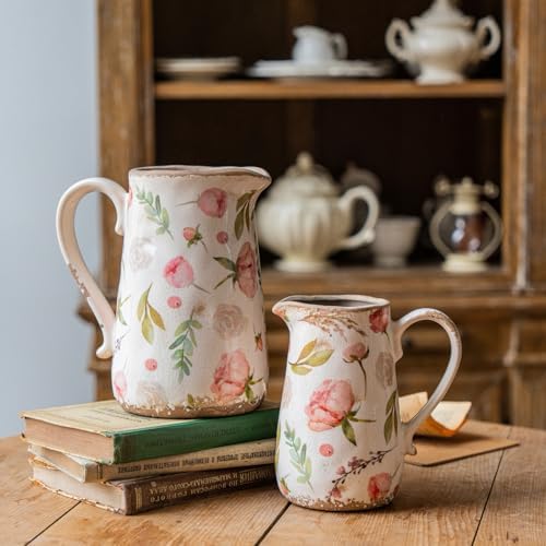 Retro Rustic Large Ceramic Vase with Handle, Distressed Farmhouse Pitcher for Home, Ideal Shelf Decor Floral Vase for Living Room Bedroom Office Table Centerpiece Decorations 9 Inch - Image 4