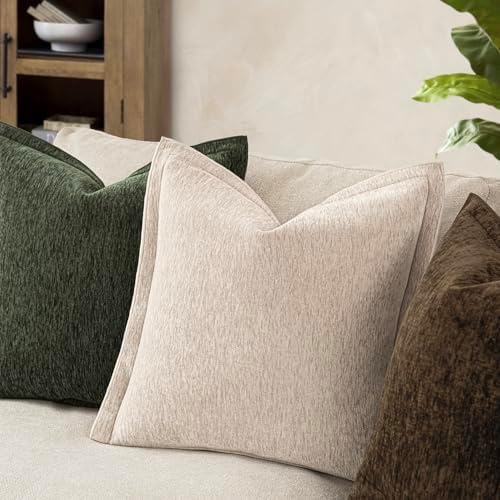 Decorative Chenille Luxury Throw Pillow Covers with Wide Edge, Textured Solid Pillowcases, Soft Velvet Cushion Cover Home Décor for Couch Sofa Chair Bed,18×18 Inch, Set of 2, Light Beige - Image 4