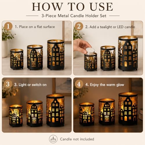 TRIROCKS Village Silhouette Candle Lantern 7.5" H Etched Bronze Metal Candle Holder Decorations for Living Room Tabletop Parties Patio Entryway Indoors Outdoors(3PCS) - Image 4