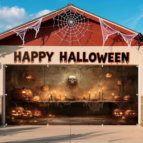 Halloween Garage Door Banner 7x16ft Spooky Skull Wall Covered With Cobwebs Halloween Garage Door Cover Decorations for 2 Car Large Hallows' Eve Banners Backdrop for Outdoor Party - Image 2