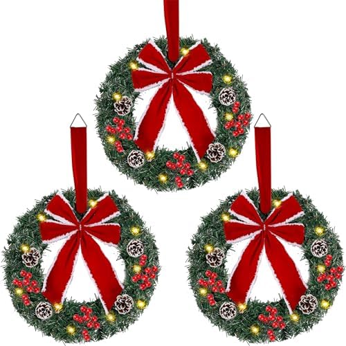 Hausse Set of 3 Christmas Wreaths, Lighted Artificial Christmas Wreath with Large Red Bow & Ornaments, Battery Operated with LED Lights, for Front Door Gate Wall Christmas Party Decorations by Hausse